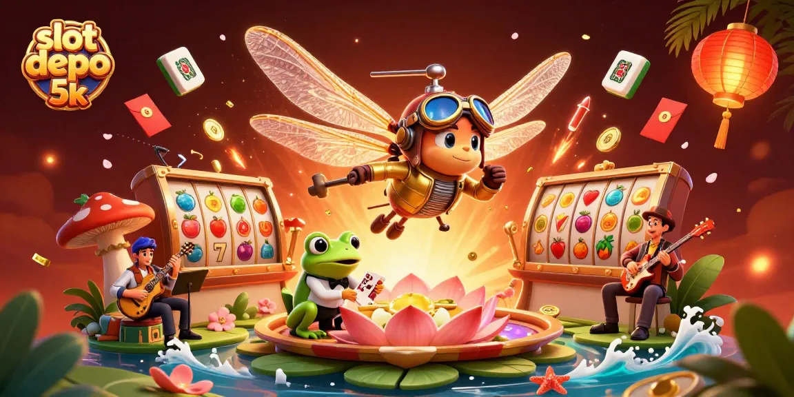 Engage with thrilling slot depo 5k gameplay featuring a dragonfly pilot and frog dealer in a vibrant casino setting.