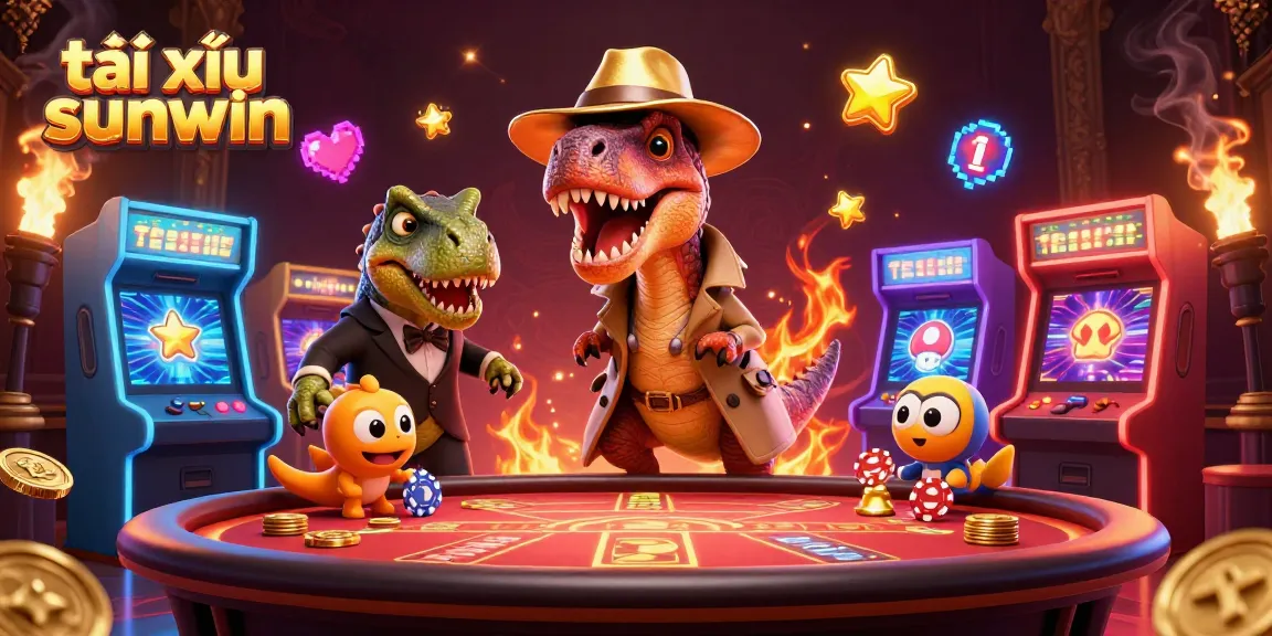 Tái xỉu sunwin game scene featuring a clever velociraptor card counter, a skeptical stegosaurus pit boss, and an sneaky compy pickpocket.