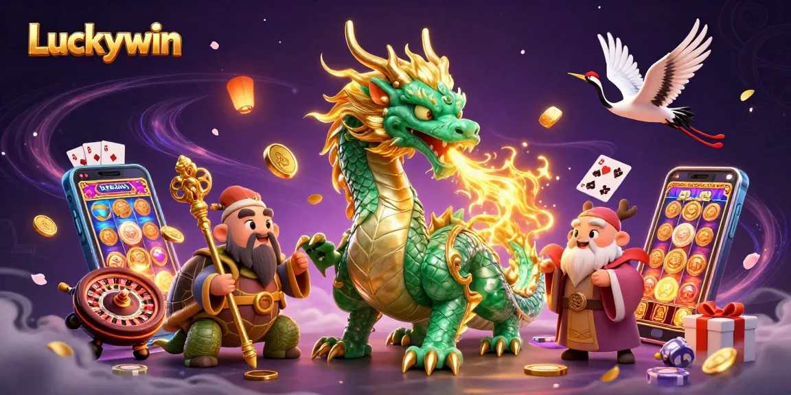 Experience the thrill of Luckywin with a vivid 3D scene featuring a jade dragon, lucky cranes, and casino games.