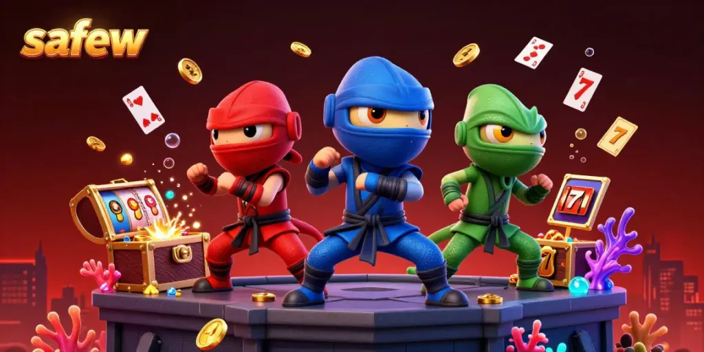 Engage in exciting gameplay with safew as ninja chameleons master synchronized casino moves surrounded by vibrant treasure.