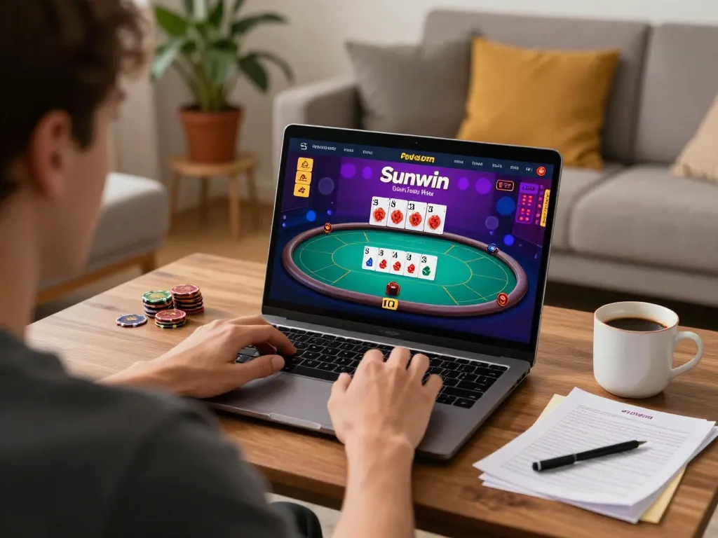 Sunwin player celebrates a win in online poker with strategic notes nearby, showcasing responsible gaming