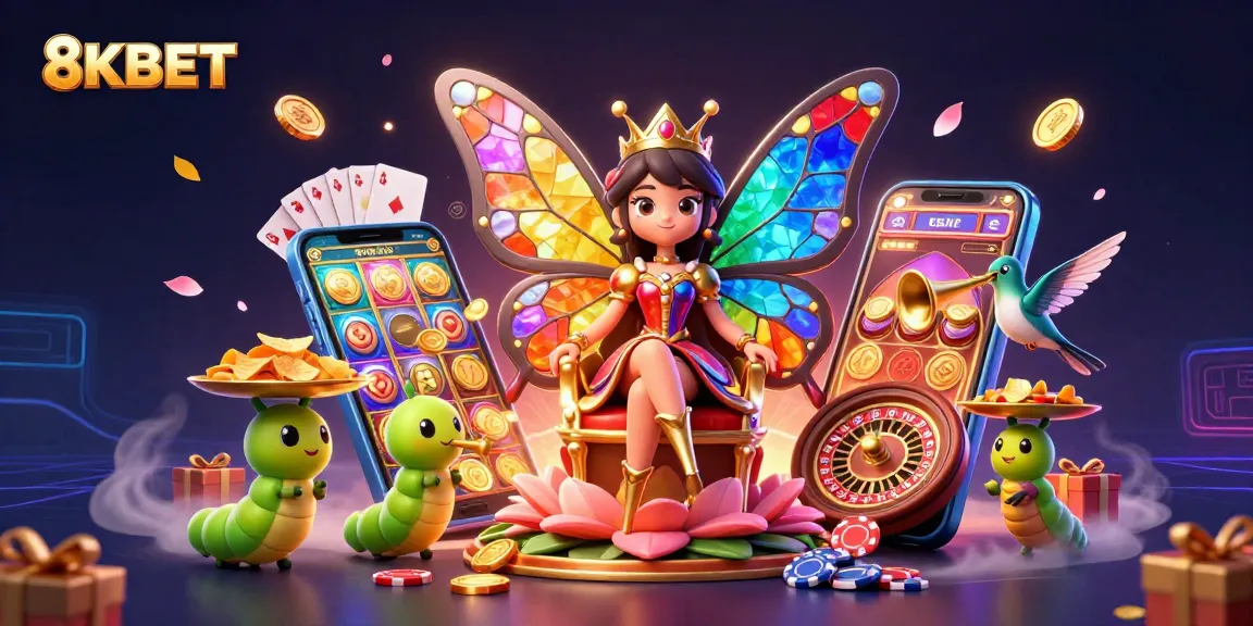 Experience the thrill of winning at 8KBET with a vibrant casino-themed digital illustration.