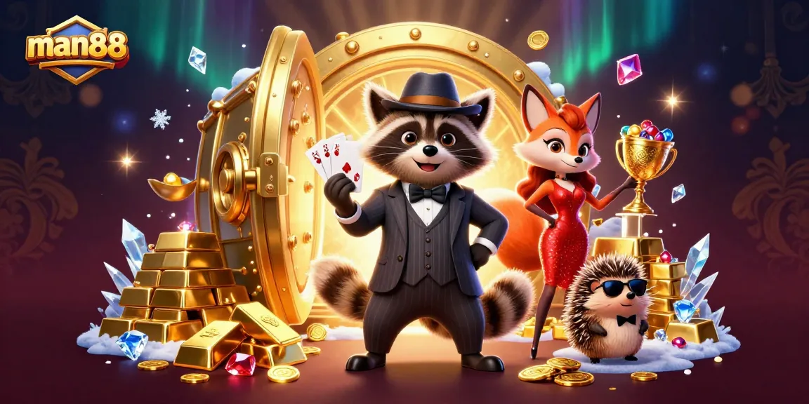 Join the action at man88 with a suave raccoon in a casino scene full of treasures and excitement.