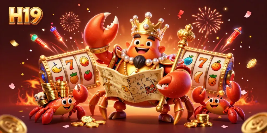 Experience the exhilarating world of H19 with dynamic gaming elements, including slots and festive decor.