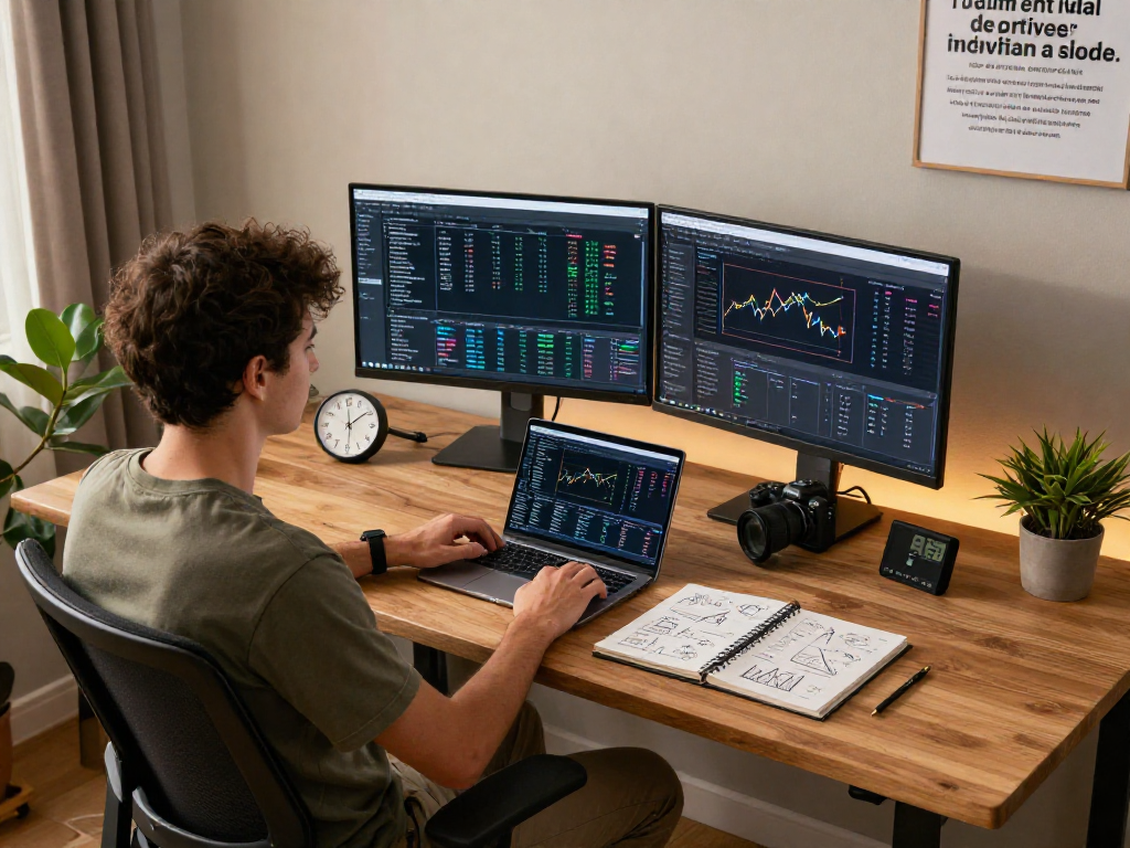 Espacio de trabajo moderno con software Immediate Edge en uso y elementos de productividad.