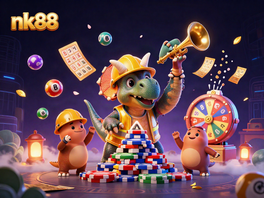 Experience thrilling jackpots with nk88 as a triceratops builds a chip pyramid amid festive lottery celebrations.
