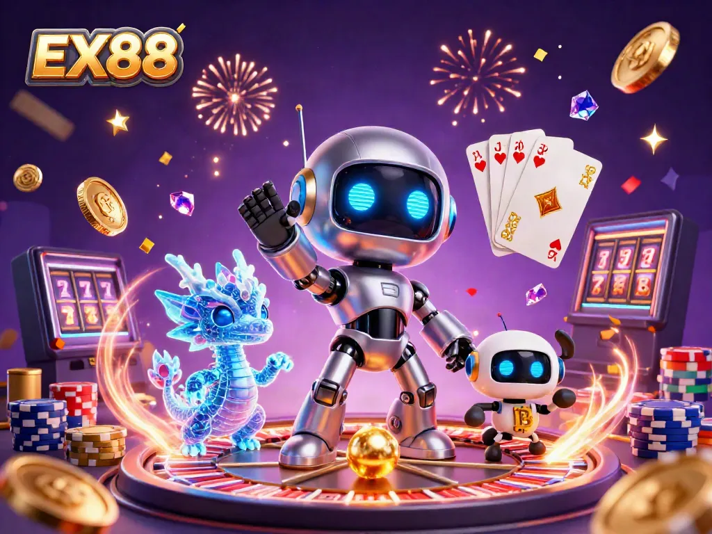 Experience thrilling gambling action with the EX88 logo amidst a vibrant 3D casino scene.
