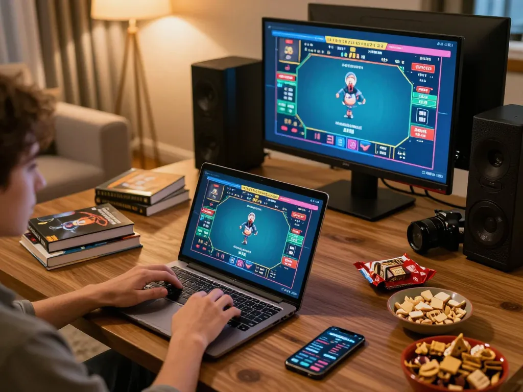 Person using laptop for online poker gaming at 68gamebaivn with snacks and strategy notes nearby.