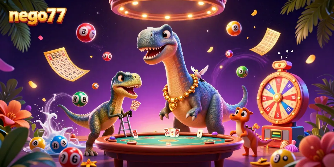 Engage with the vibrant casino atmosphere in nego77 as a brontosaurus watches a clever raptor deal cards amidst colorful lottery balls.