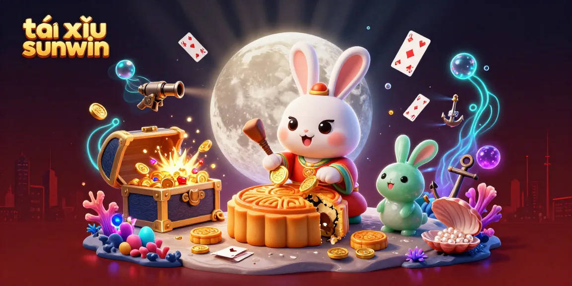 Engage with tài xỉu sunwin as the moon rabbit reveals poker chips from mooncakes in this vibrant casino scene.