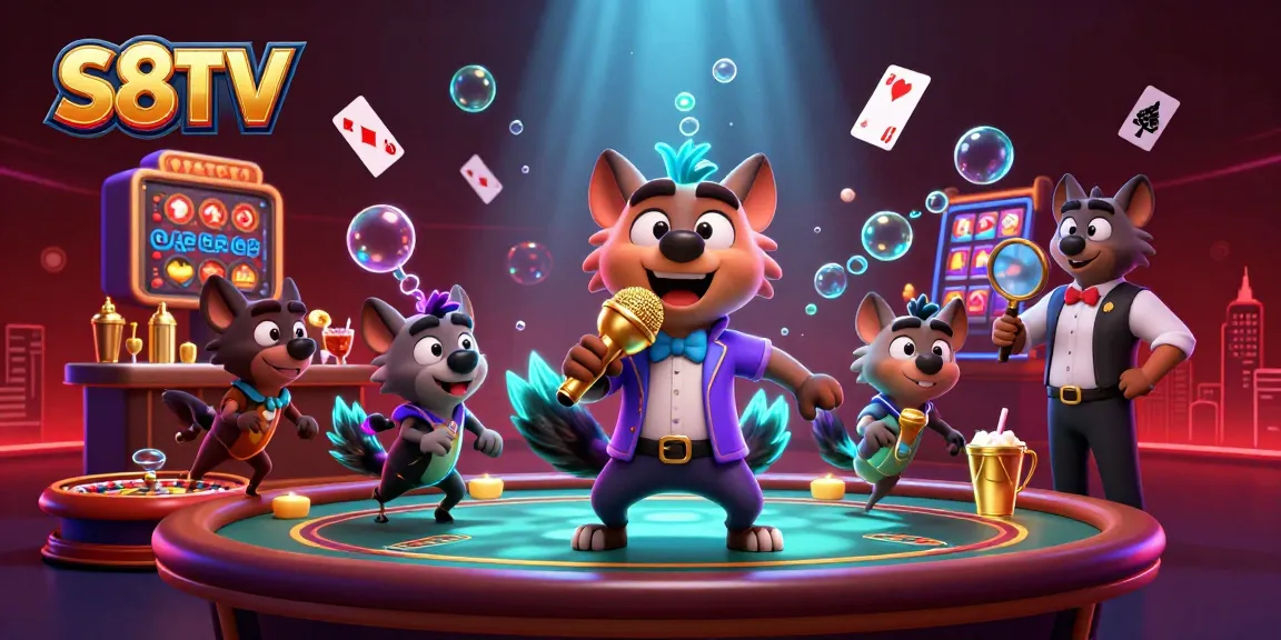 S8TV delivers a high-energy casino experience with animated hyenas entertaining, mixing drinks, and checking IDs beneath vibrant lights.