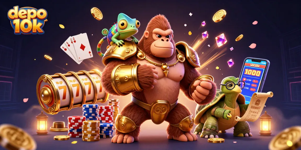 Depo 10k illustration showcasing a gorilla king, chameleon spy, and tortoise elder amidst slot reels and coins.