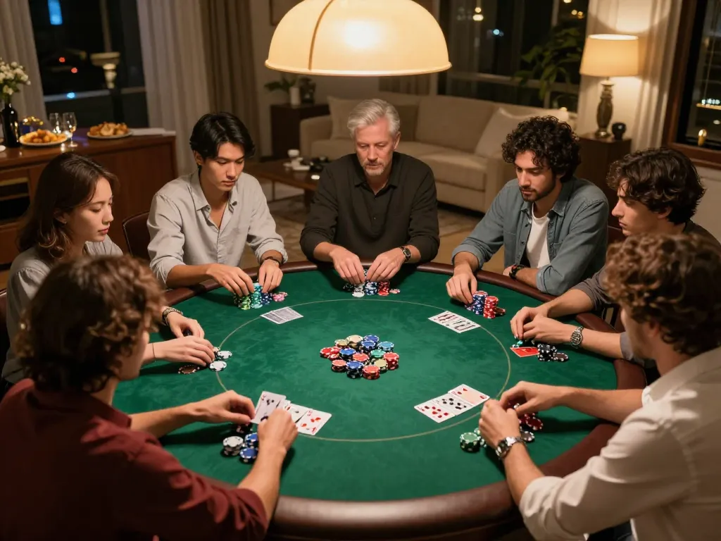 Engaging home poker night scene highlighting strategic gameplay with friends at the best online casinos in Canada.