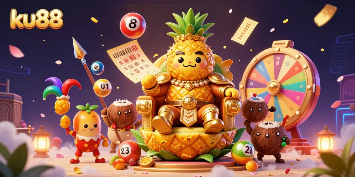 Experience the excitement of ku88 with a golden pineapple king and dynamic lottery elements in this vibrant 3D scene!