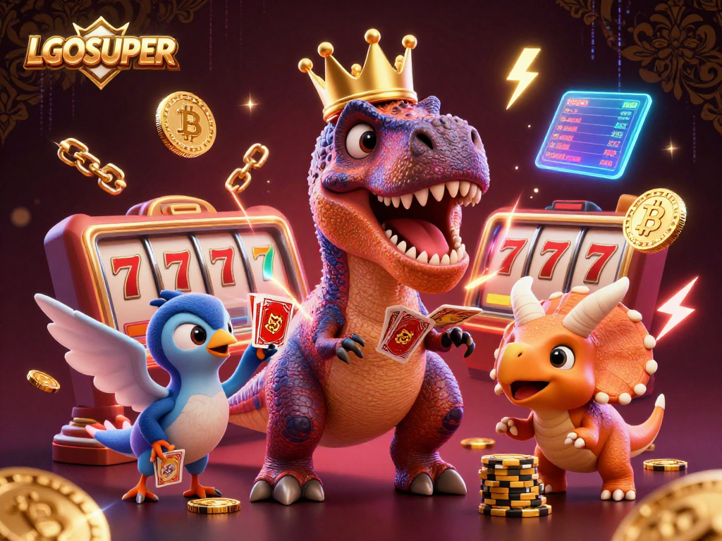 Experience thrilling gameplay with LGOSUPER's dynamic 3D casino scene featuring a T-Rex playing cards.