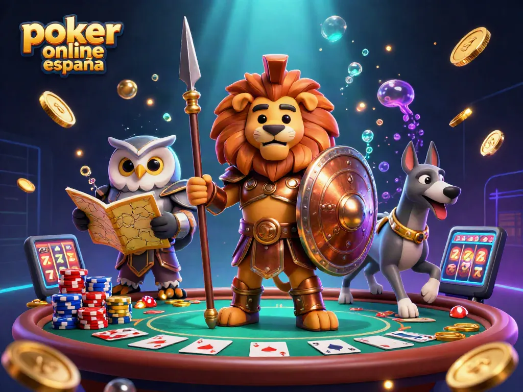 Disfruta del póker online españa en una escena vibrante con personajes y elementos de juego.