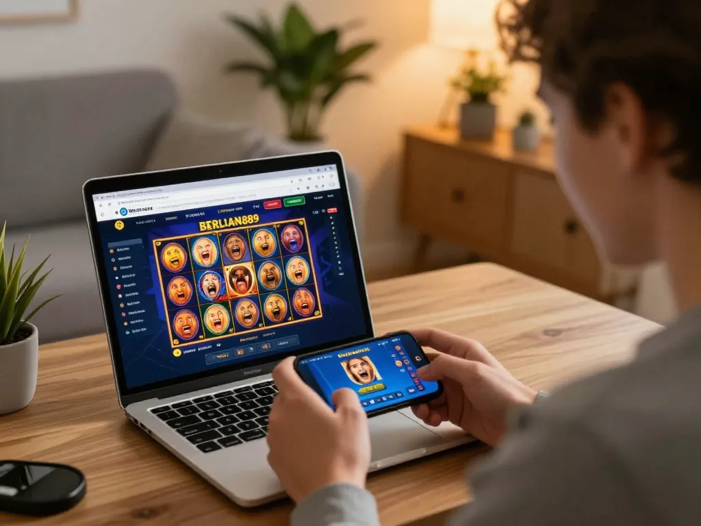 Player enjoying a winning moment on BERLIAN889 Slot through smartphone in a warm home setting