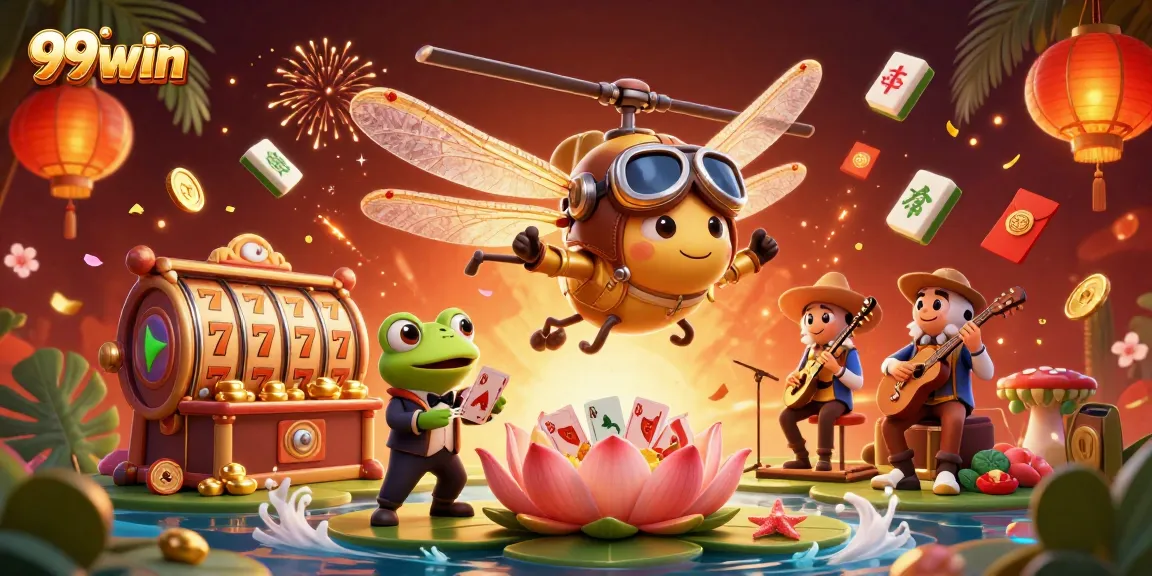 Join the excitement at 99win with a vibrant 3D casino scene featuring dragons, frogs, and jazz musicians.
