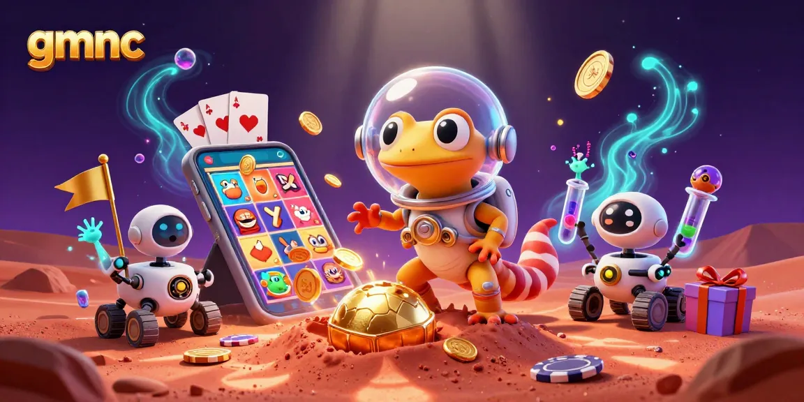 Experience gmnc's rich gambling environment with a Martian gecko discovering a golden casino.