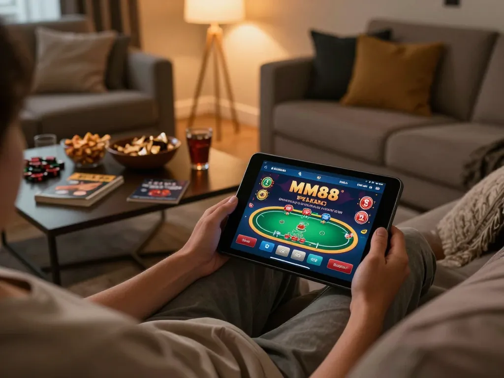 Engaging in online gameplay on MM88 app while enjoying a cozy home setup with snacks and drinks.