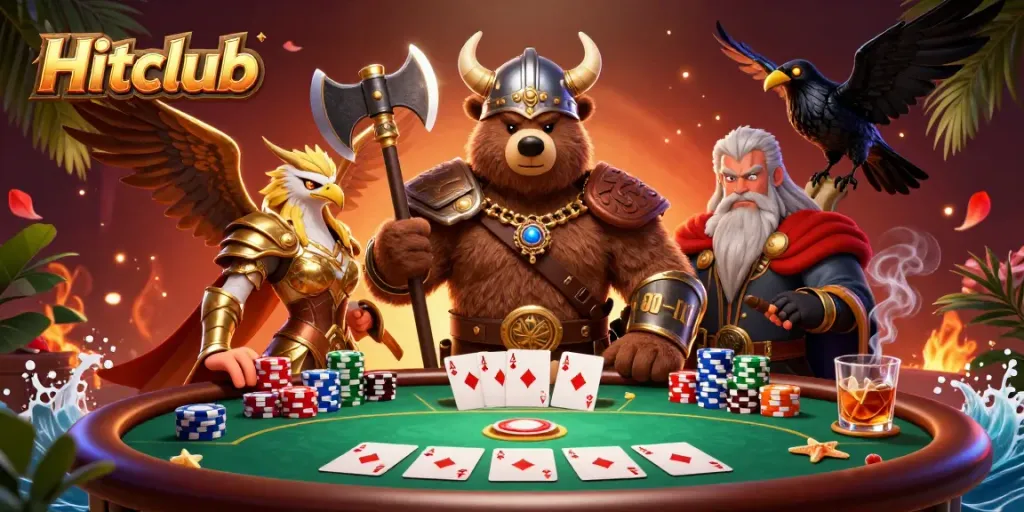 Engage with Hitclub's dynamic gaming scene featuring intense poker action and vivid casino atmosphere.