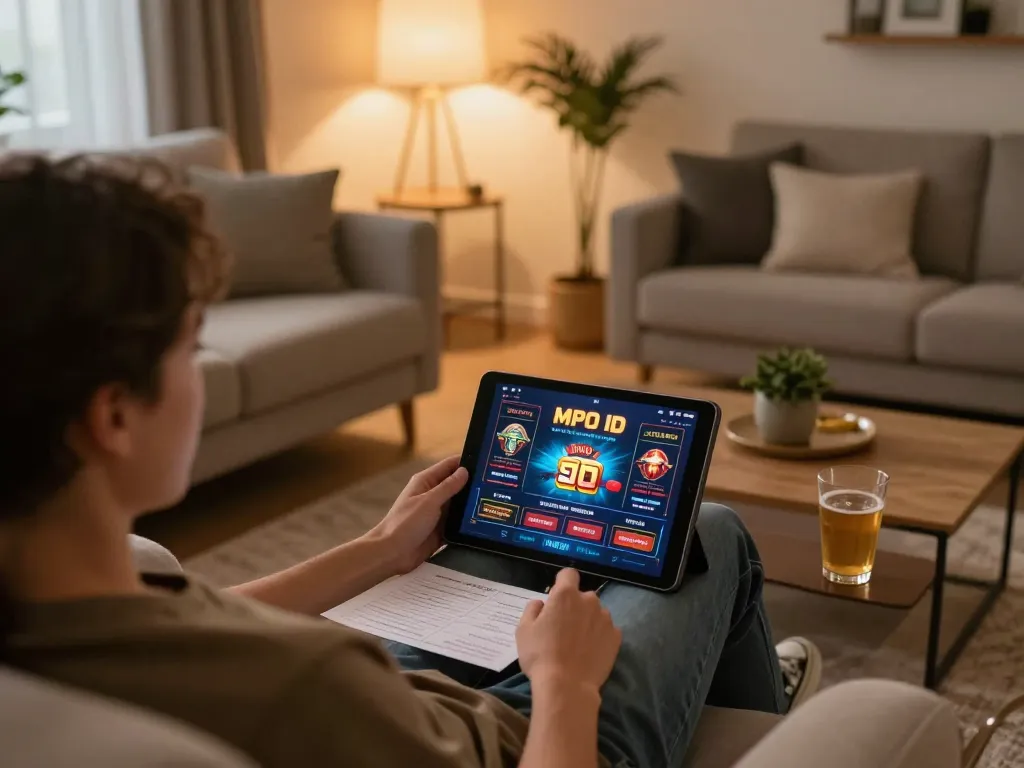 Engaging in online gaming with MPO ID on a tablet in a cozy home setting