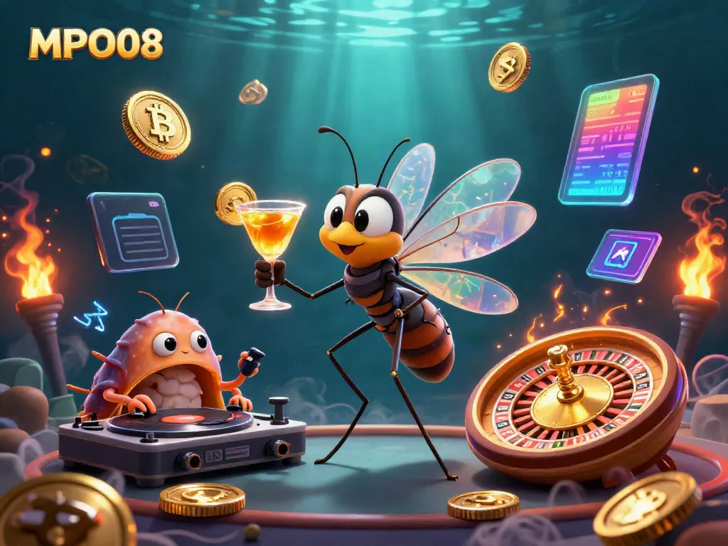 Experience MPO08 casino thrills with a vibrant scene featuring a unique frozen-in-amber mosquito mascot.