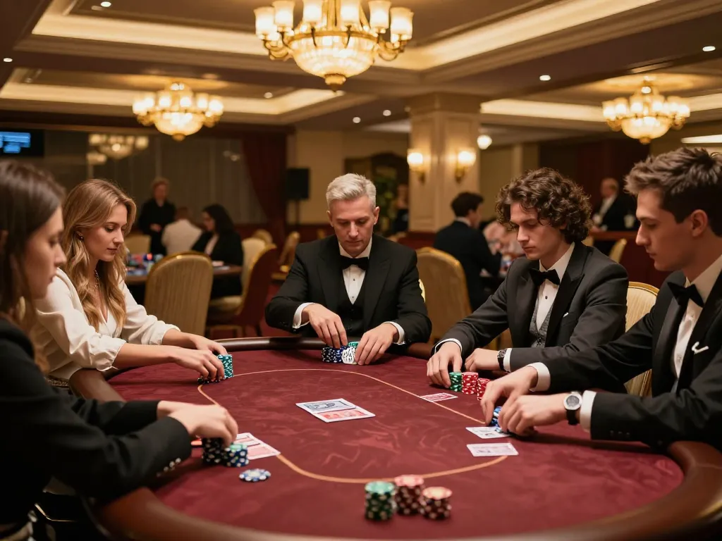 fun88 players strategizing during a high-stakes poker game in an elegant casino atmosphere
