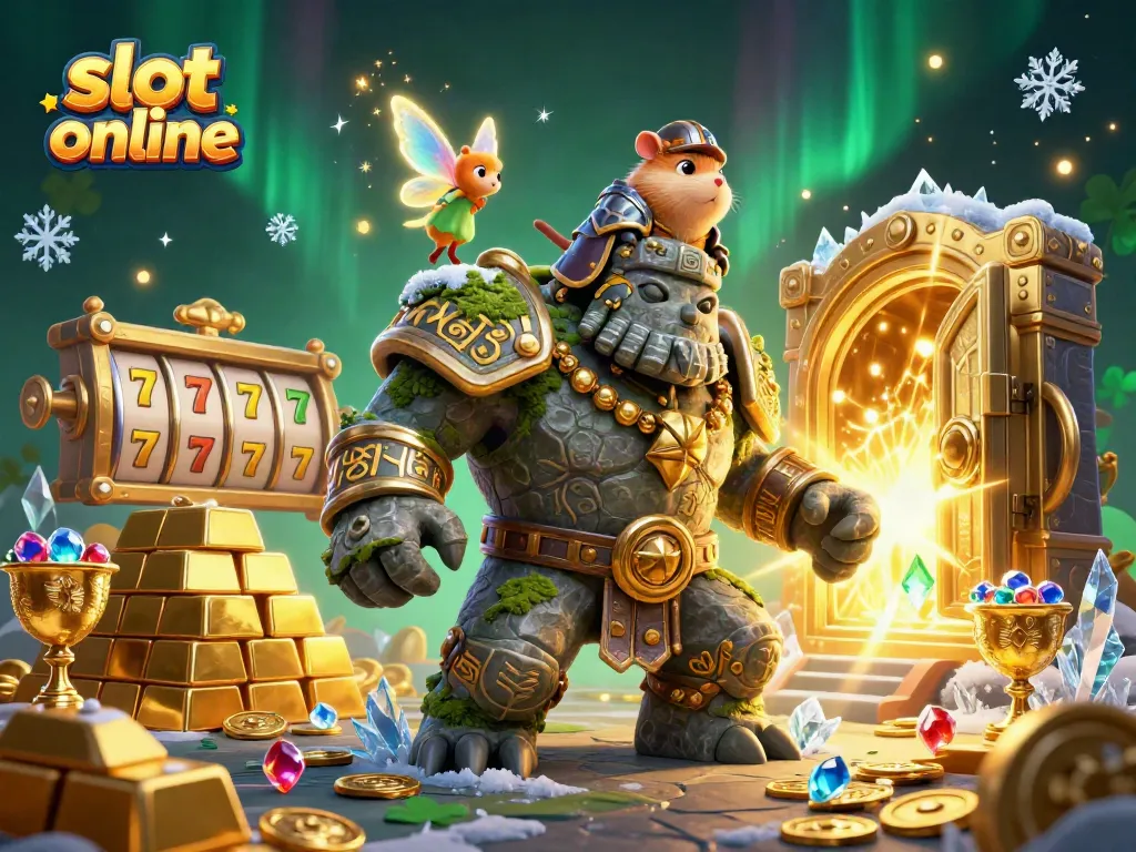 Experience the thrill of slot online gaming with dynamic characters in a 3D illustrated casino scene filled with magic and treasure.