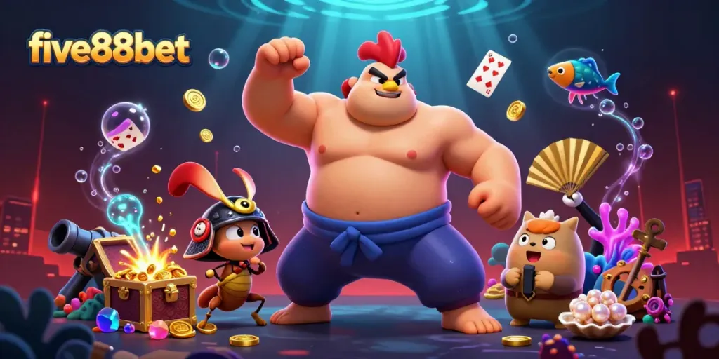 Experience the thrilling world of five88bet with lively characters and game elements in a vibrant scene.