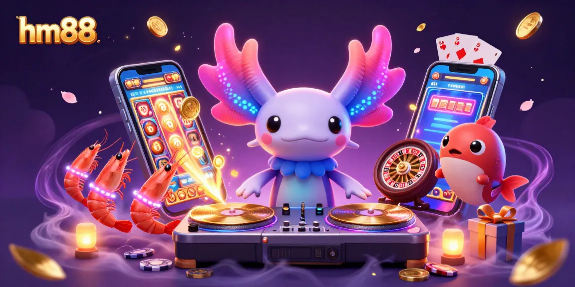 Join the action with hm88 as a vibrant axolotl DJ spins records in a colorful underwater casino scene.