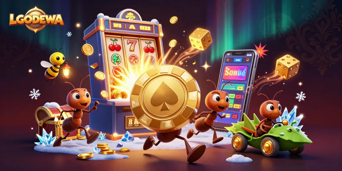 Experience thrilling wins with LGODEWA as playful ants transport a colossal poker chip in a vibrant casino scene.