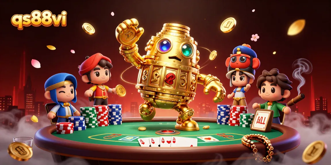 Experience thrilling gaming at qs88vi, where a golden golem, chips, and cards create an enticing casino atmosphere.