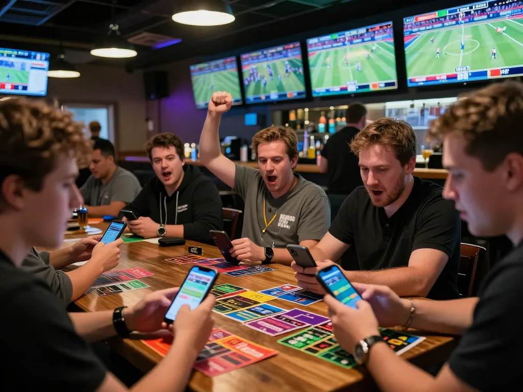 Excited patrons engaging in sports betting at a modern bar, exploring Nhận Định Kèo Oddy strategies.