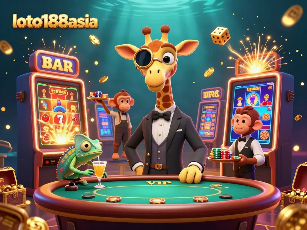 Experience the thrill with loto188asia in a vibrant casino scene featuring a giraffe, monkey, and chameleon.