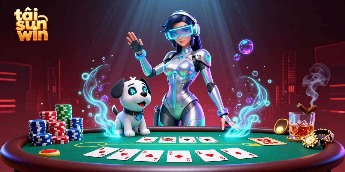 Engage with the vibrant scene of tải sun win, where a stunning woman and a robot dog enjoy poker and holographic gaming thrills.