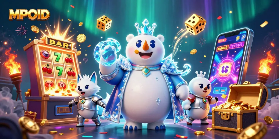 MPOID showcases exciting slot game action with a lively polar bear king and enchanting fox companion.