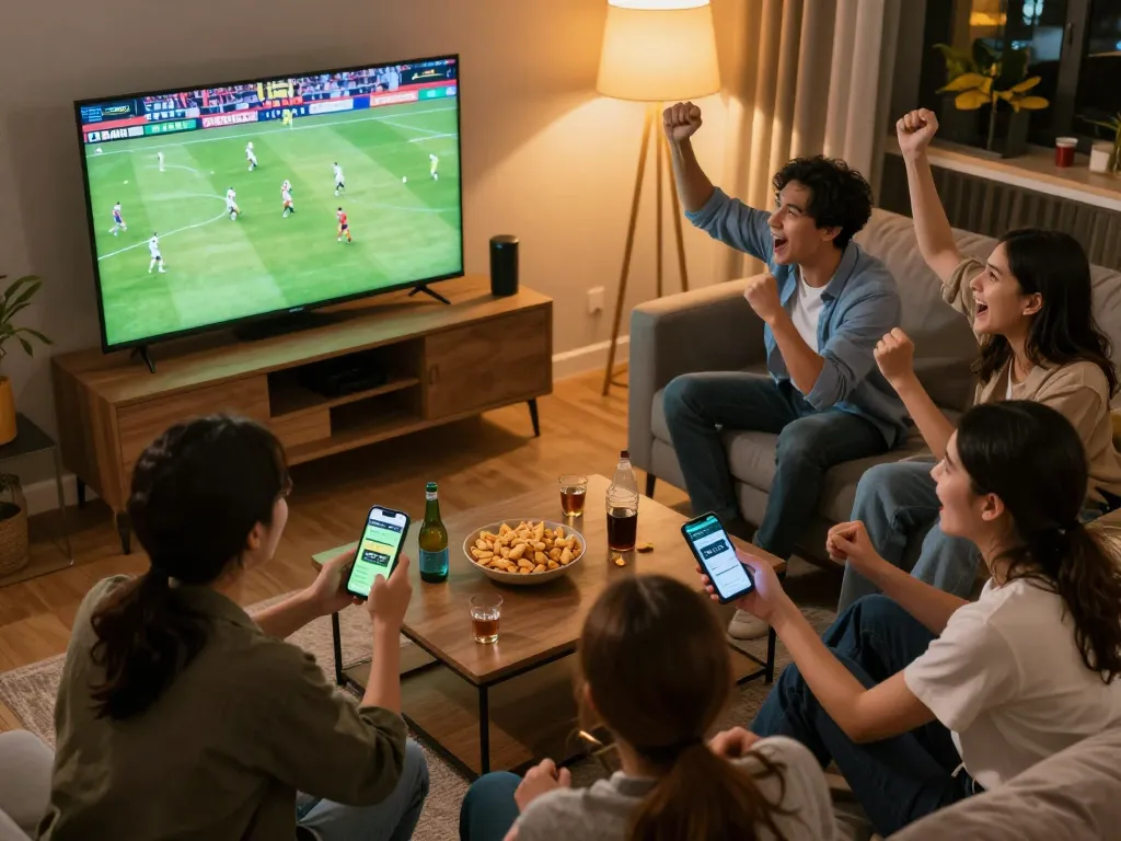 Friends enjoying live betting on 78wingo during a football match, emphasizing excitement and social engagement.