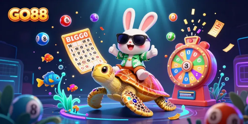 Experience thrill at GO88 with vibrant cartoon characters and lottery elements within a dynamic casino scene.