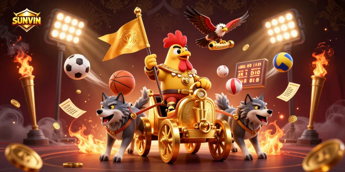 Engage in SUNVIN's thrilling casino action with a victorious rooster warlord amidst dynamic sports elements.