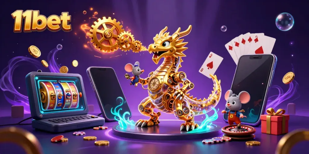 Experience thrilling casino action at 11bet featuring a golden dragon and vibrant slot game elements