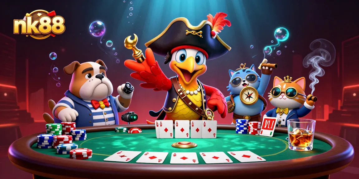 Experience dynamic poker action at nk88 with colorful chips, playing cards, and engaging characters.