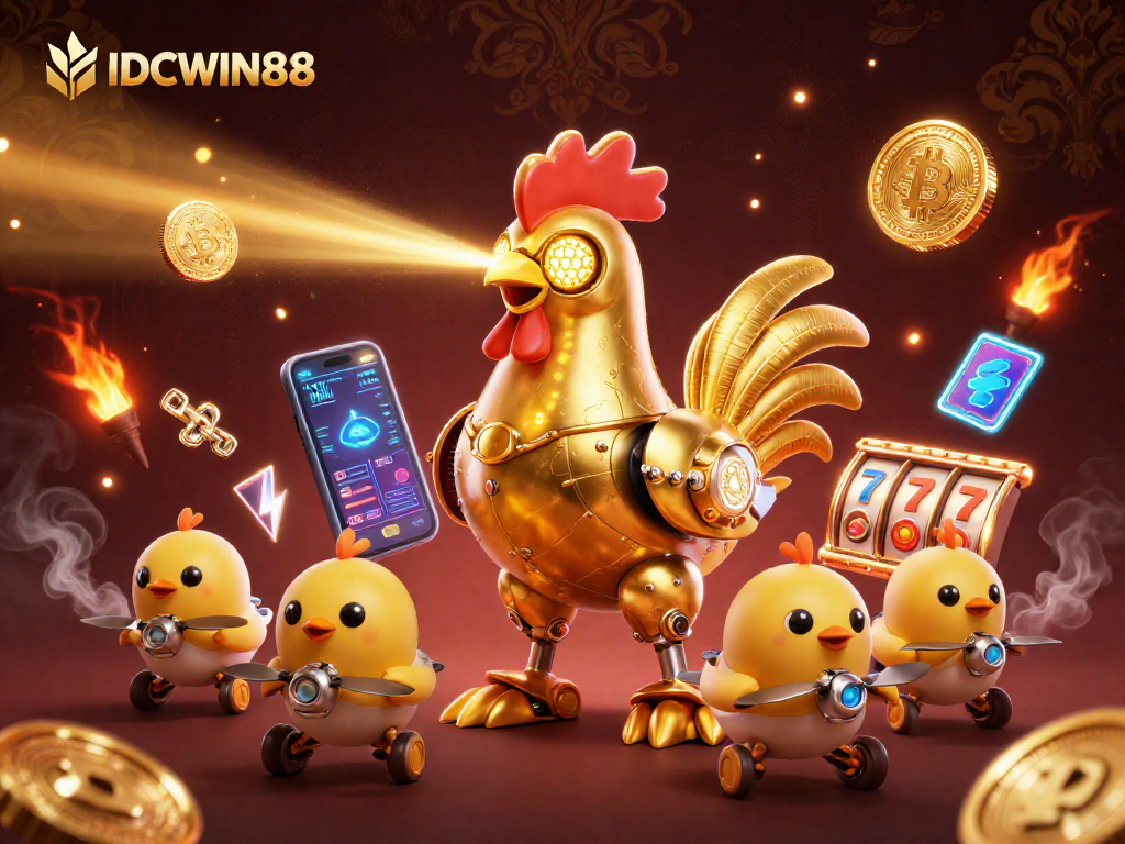 Play at IDCWIN88 with the stunning golden rooster robot and baby chick drones, showcasing exciting casino elements.