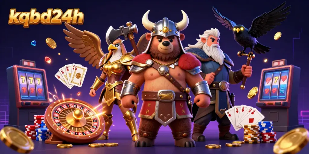 Experience exhilarating gaming action with kqbd24h's Viking berserker and Valkyrie eagle amidst cascading coins and shining gems.
