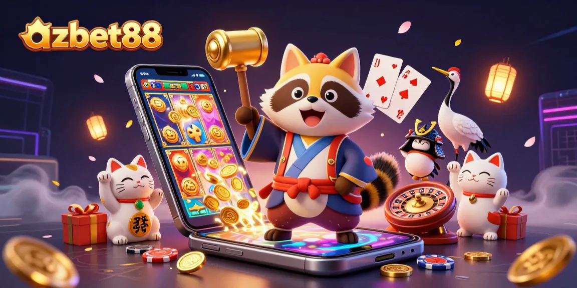 azbet88: Experience thrilling casino action with a joyful tanuki and fun game elements in this vibrant scene.