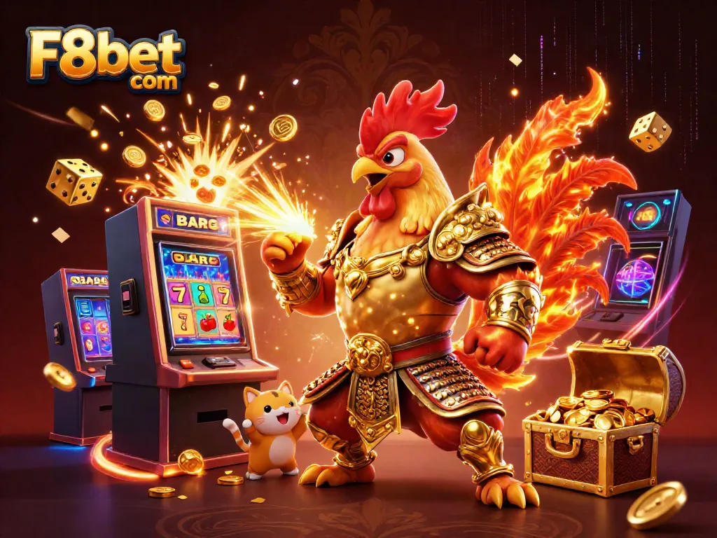 Experience the excitement of F8bet com with an epic clash of a rooster warrior and a dragon hatchling in a vibrant casino.