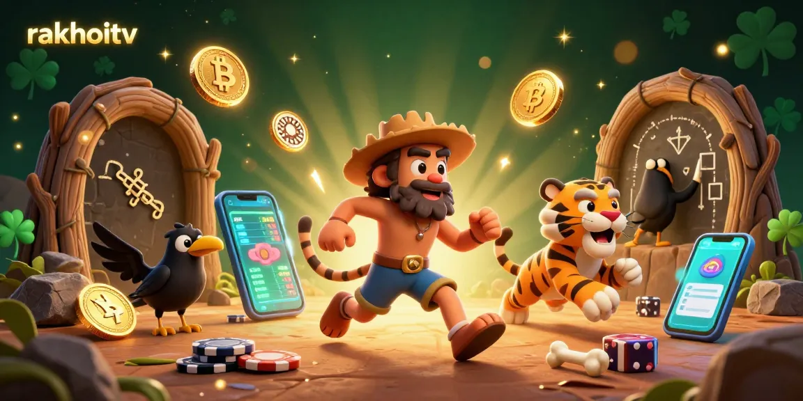 Experience the thrilling action at rakhoitv with a lively prehistoric casino scene featuring cavemen and crypto symbols.