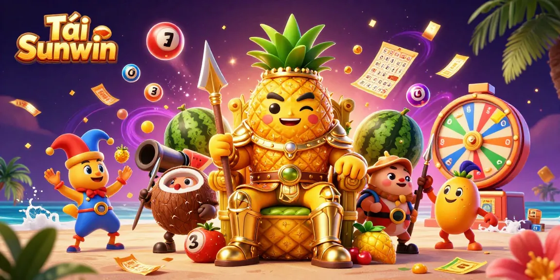 Tải Sunwin and experience the ultimate beach casino adventure with a dynamic golden pineapple king and colorful lottery elements.