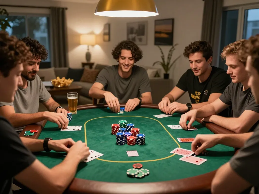 Friends enjoying a poker night at home while discussing strategies, featuring CM88 in their game chat.