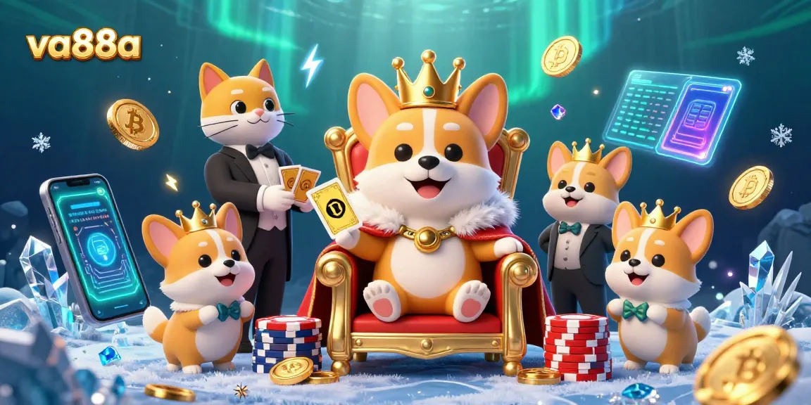 va88a showcases an engaging scene with a royal corgi throne and crypto elements, perfect for online gamblers.
